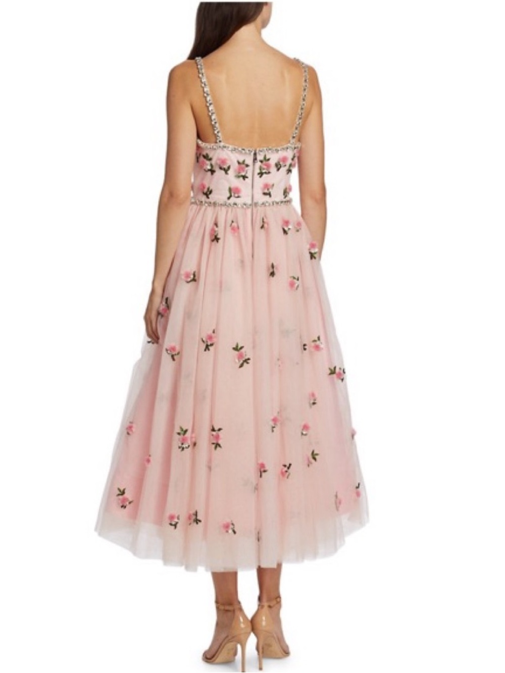 Alice & Olivia New Lupita Crystal Strap Embellished 3D Flowers Tulle Midi Gown 6 - Picture 10 of 16